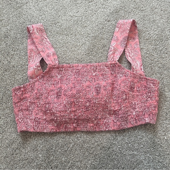 House Of Harlow Crop Top Smocked Floral Stretch Tie Back Square Neck Pink Sz XS - Picture 1 of 7